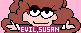 a pastel pink button that depicts evil susan front-facing with both of her arms stretched out and text in the bottom center that reads evil susan.