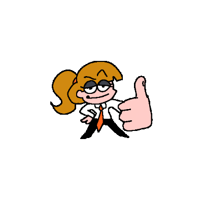 a gif of franky cowurker, a pale-skinned woman with short dirty blonde hair held back in a pony-tail with half-lidded eyes, a smirk, and wearing a white undercoat with an orange tie and black pants, giving a thumbs up and spinning 360 degrees.