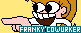 a pastel yellow button that depicts franky pointing with text at the bottom right that reads franky cowurker.