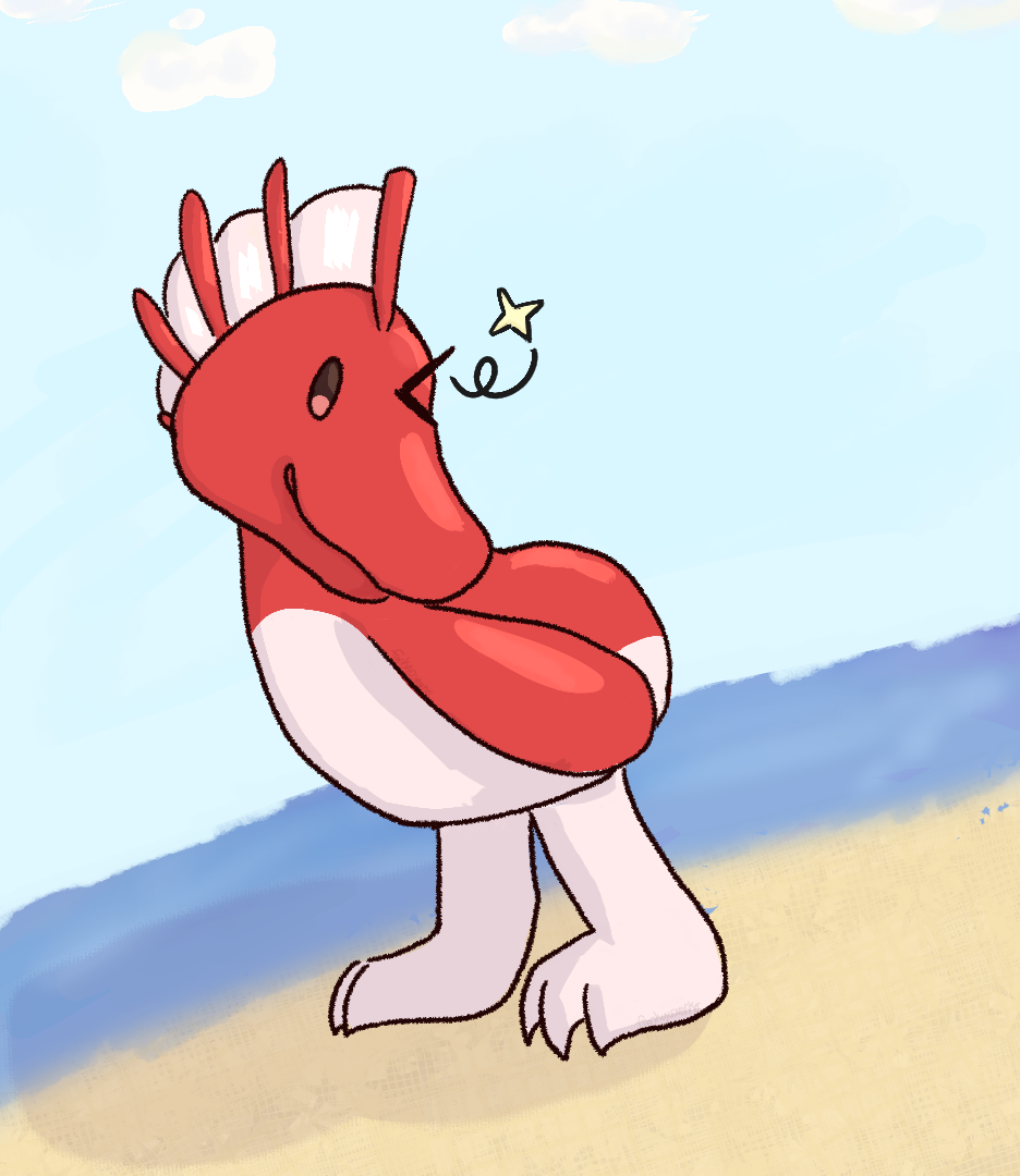 An illustration of Fun Fun, a red bipedal bird with a ray fin on his head, leaning to his right and winking. He is at the shoreside on a clear day.